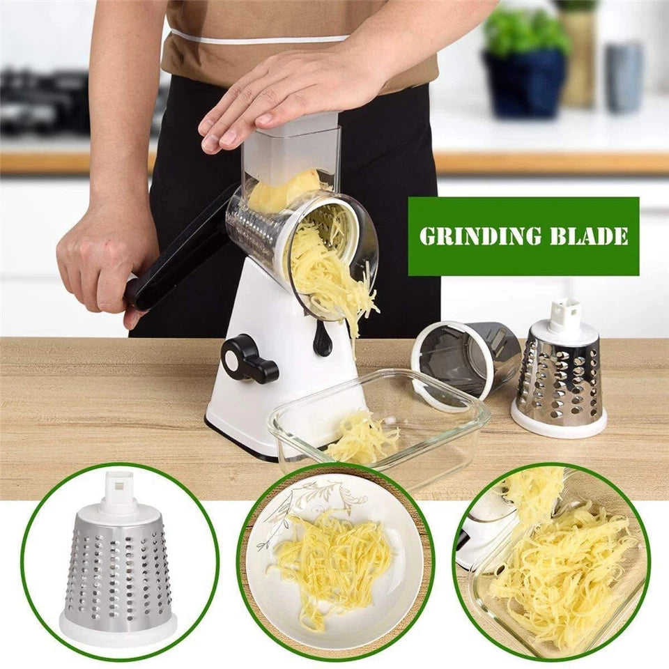 Kitchen Vegetable Food Slicer | Manual Rotary Drum Grater Chopper Slicer Fruit Cutter | Three Drum Blade | Safe Design
