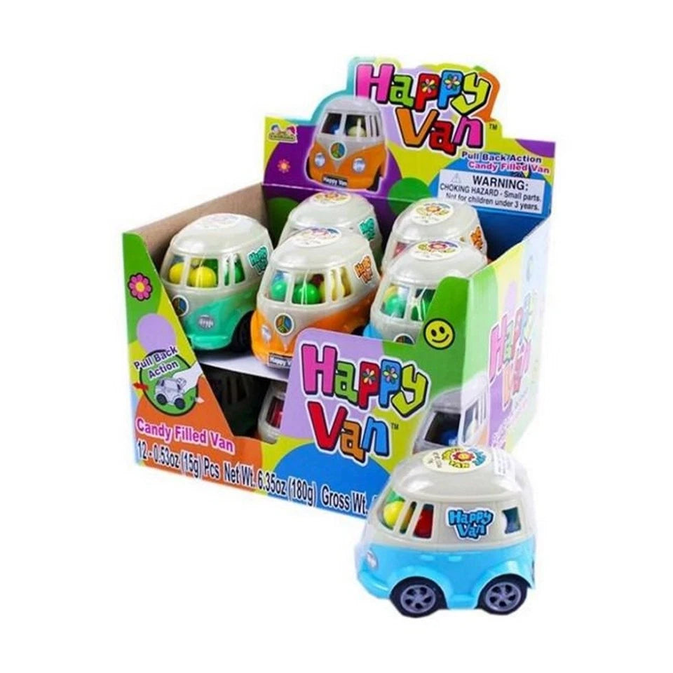 12PK Kidsmania Happy Van Pull Back Toy Filled W/ Candy 15g Assorted