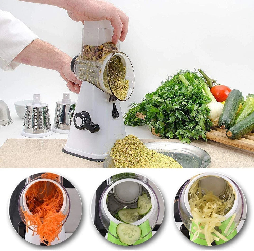 Kitchen Vegetable Food Slicer | Manual Rotary Drum Grater Chopper Slicer Fruit Cutter | Three Drum Blade | Safe Design