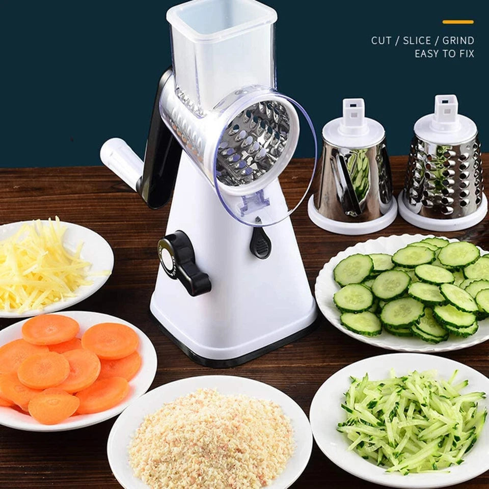 Kitchen Vegetable Food Slicer | Manual Rotary Drum Grater Chopper Slicer Fruit Cutter | Three Drum Blade | Safe Design