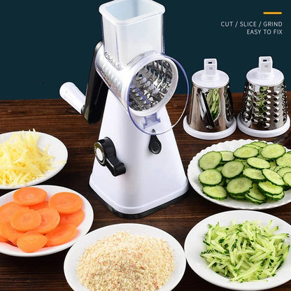 Kitchen Vegetable Food Slicer | Manual Rotary Drum Grater Chopper Slicer Fruit Cutter | Three Drum Blade | Safe Design