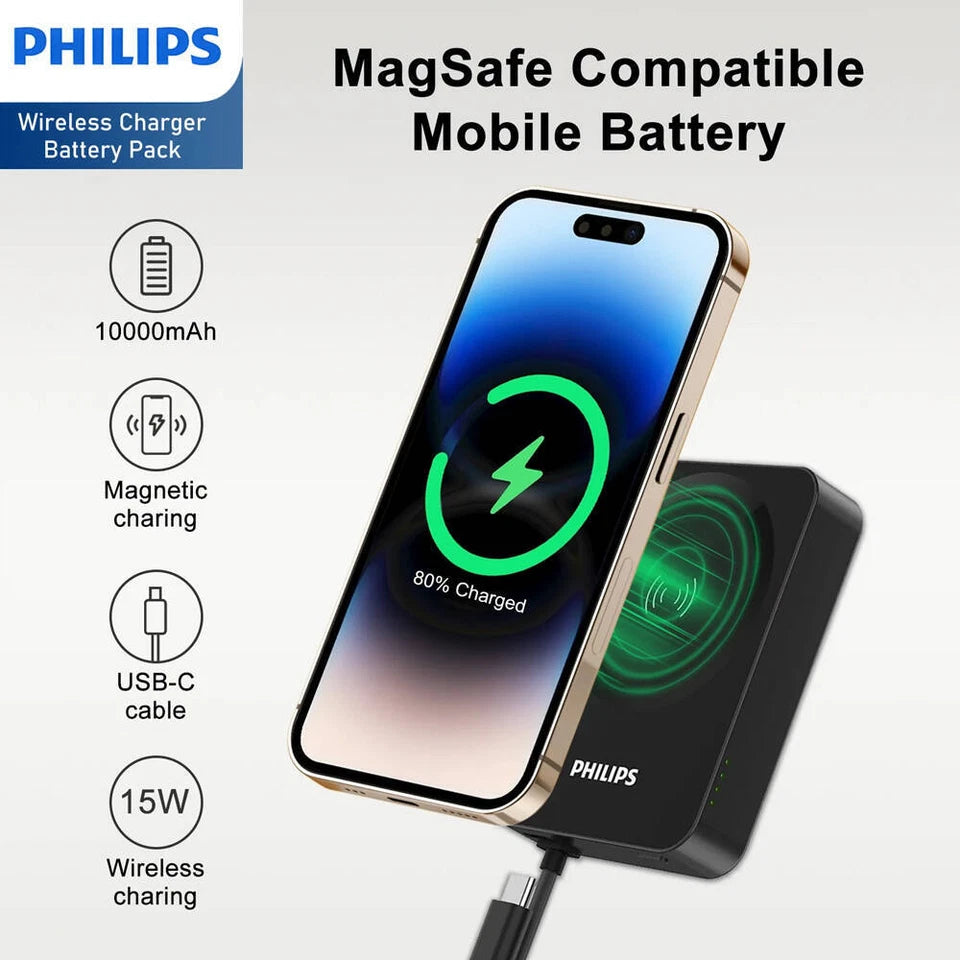 Philips 10000mAh MagSafe Wireless Charging | Portable Power Bank | Fast Charge | Magnetic
