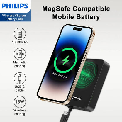 Philips 10000mAh MagSafe Wireless Charging | Portable Power Bank | Fast Charge | Magnetic