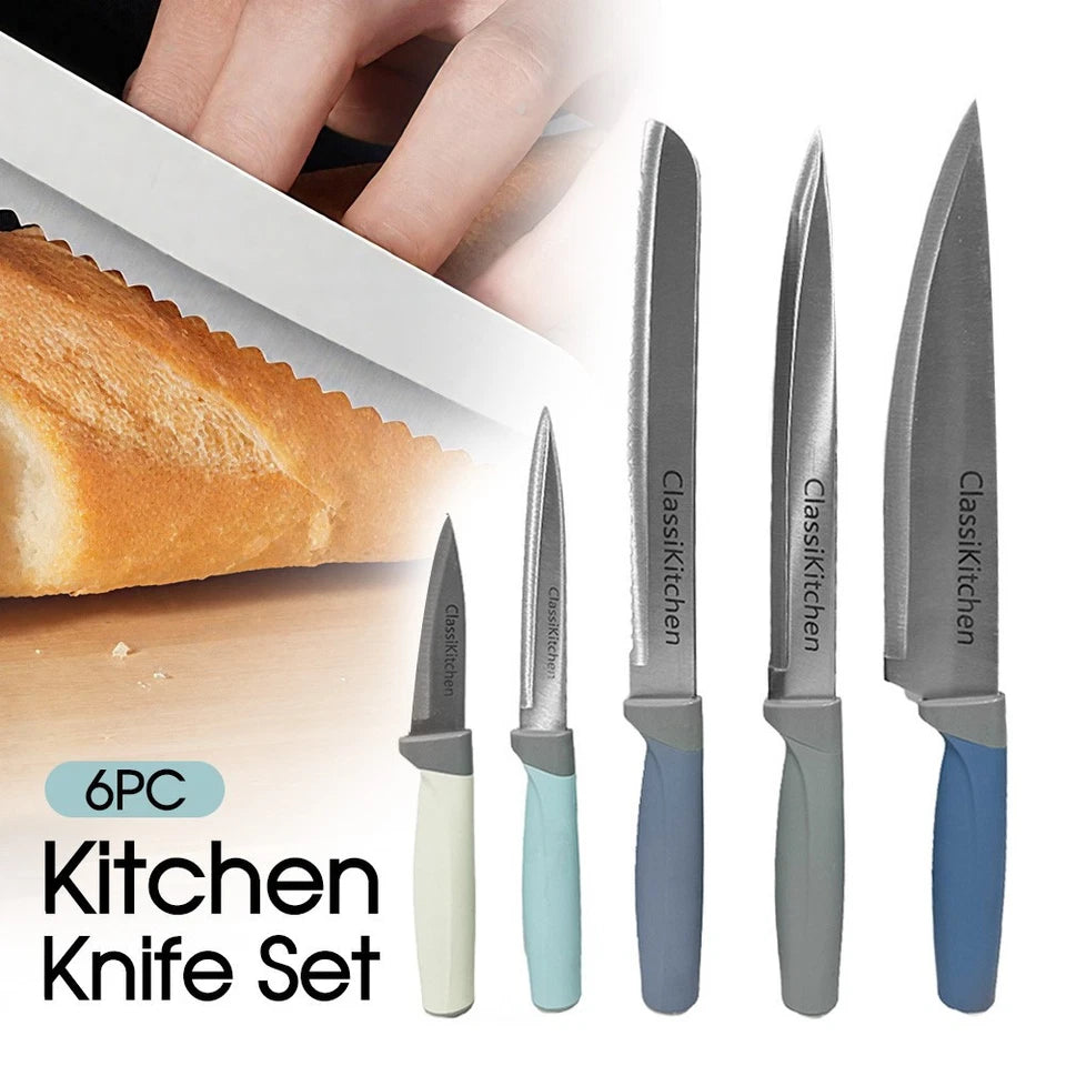 Kitchen Knife Set with MDF Block 6PC | Chef, Utility & Bread Knives