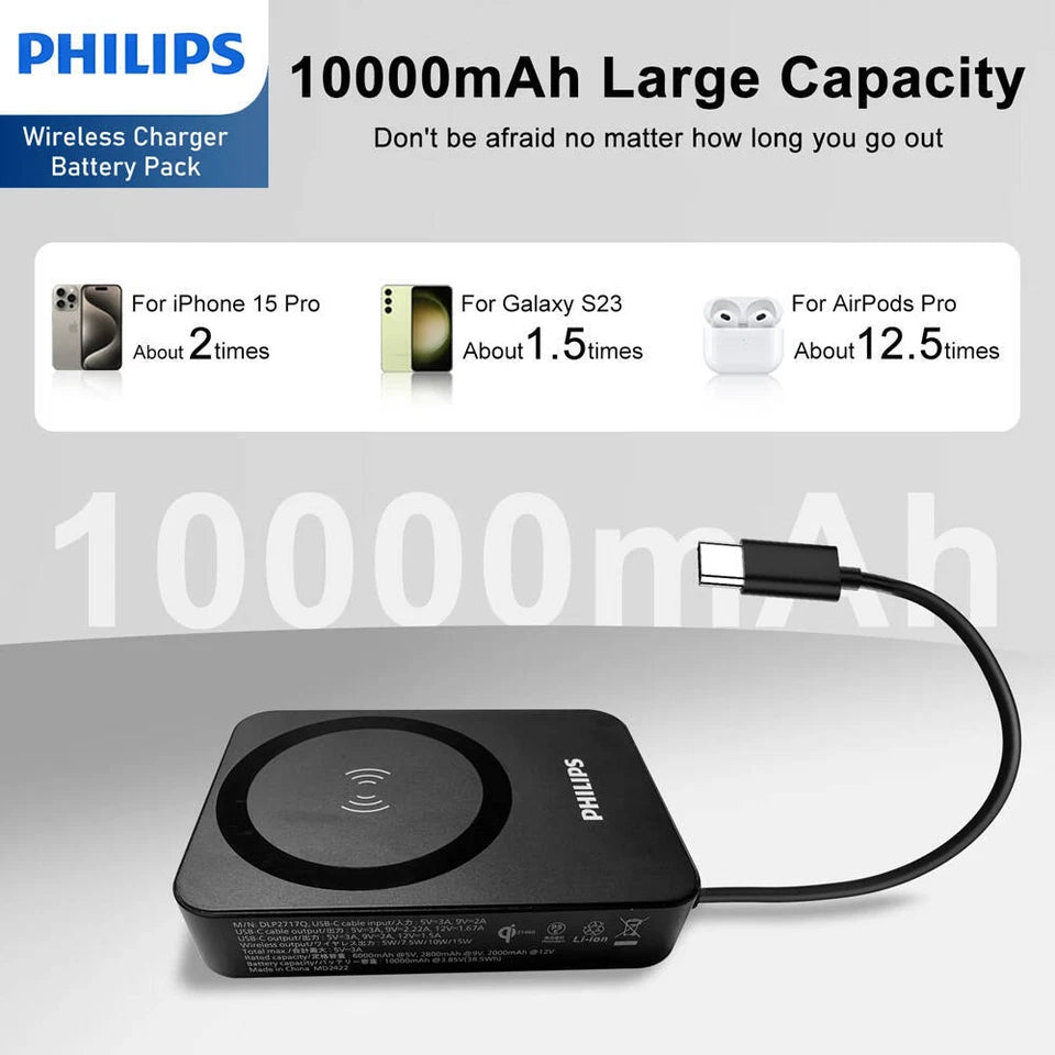 Philips 10000mAh MagSafe Wireless Charging | Portable Power Bank | Fast Charge | Magnetic