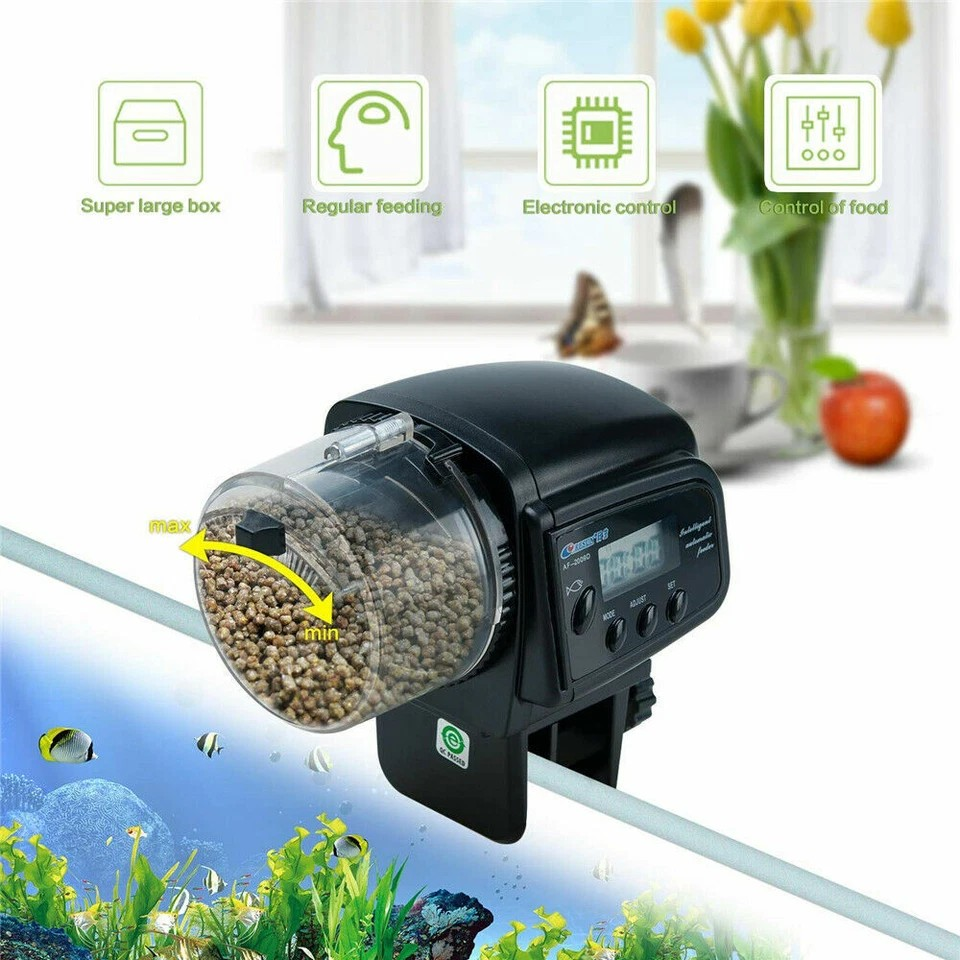 Auto Fish Feeder with Digital Timer | Pond & Aquarium Pet Food Dispenser | Holiday Use | Velcro Strip |