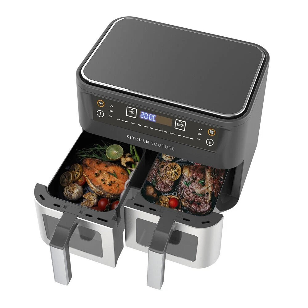 Kitchen Couture 10L Dual View Air Fryer | 1600W Stainless Steel | Large Capacity | Silver