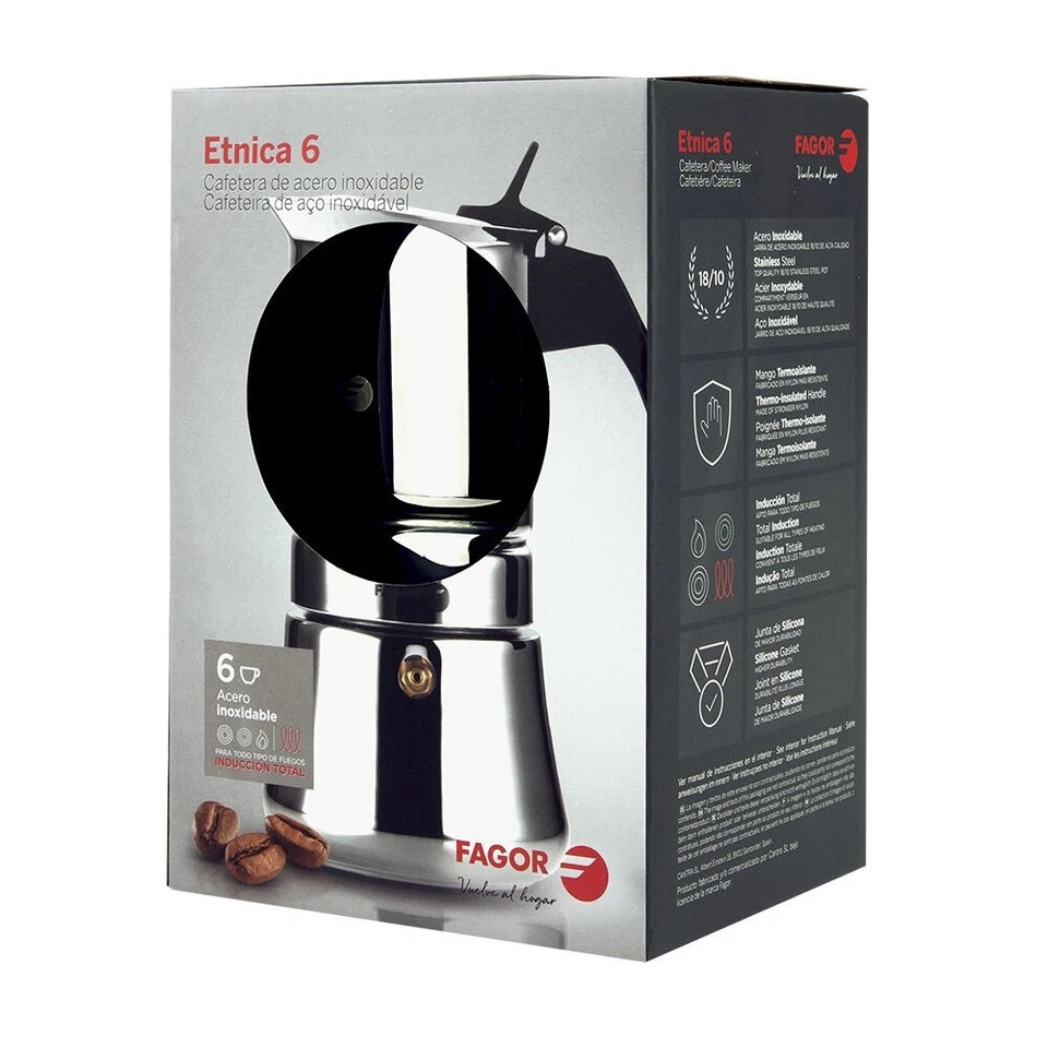 Fagor Etnica Stainless Steel 6 Cups Espresso Coffee Maker Moka Pot Silver