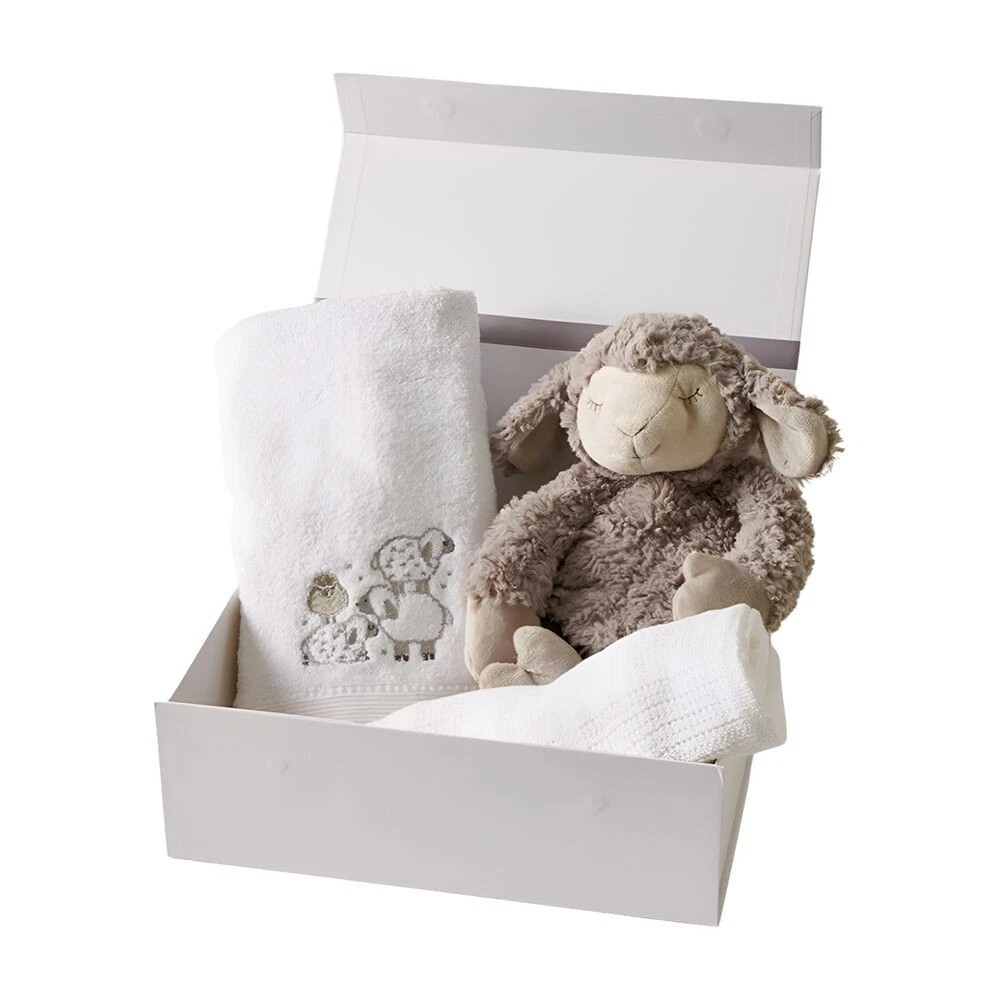 Jiggle & Giggle 3Pc Set | Sheep Plush Towel Blanket Hamper | Gift Set Grey