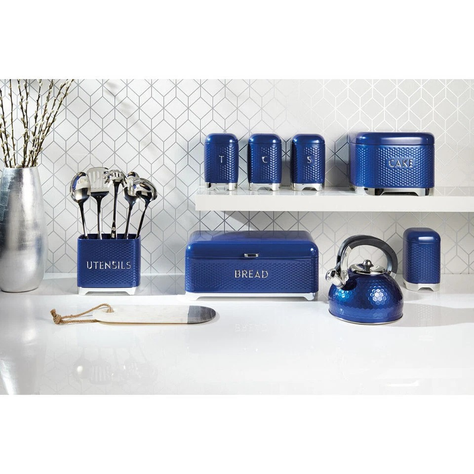 Lovello Carbon Steel Textured Bread Bin Container | 42x22cm | Midnight Blue | Retro |