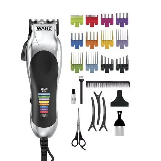 Wahl Color Pro Chrome Corded Clipper Hair Cut Kit | 12 Comb Attachments | Baber Cape/Neck Duster and Blade Oil | Electromagnetic Motor | Precision Cut